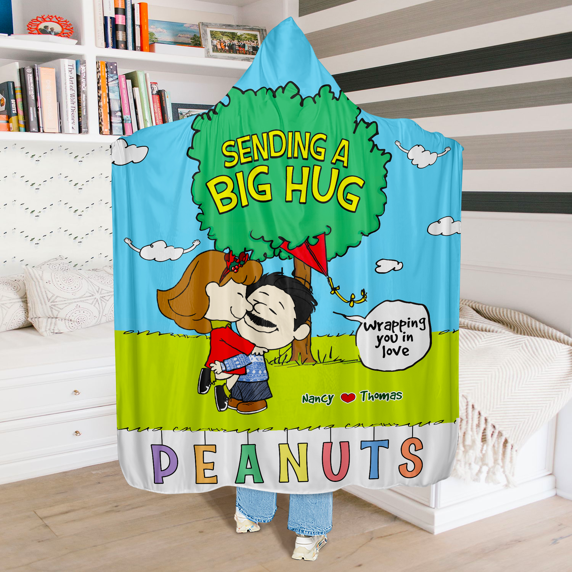 Custom Cartoon Couple Christmas Hooded Blanket – Perfect Personalized Gift