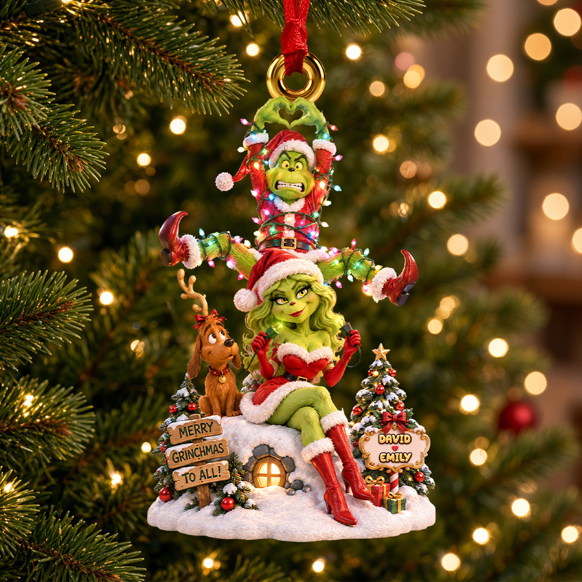 Light Up The Love with a Grinchy Twist - Personalized Christmas Ornament for Couples Ornament PopCulturePrints