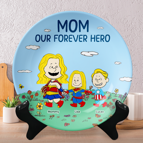“Mom, Our Forever Hero” - Personalized Ceramic Round Plate - Unique Gift for Mom, Grandma & Loved Ones Ceramic Round Plate PopCulturePrints