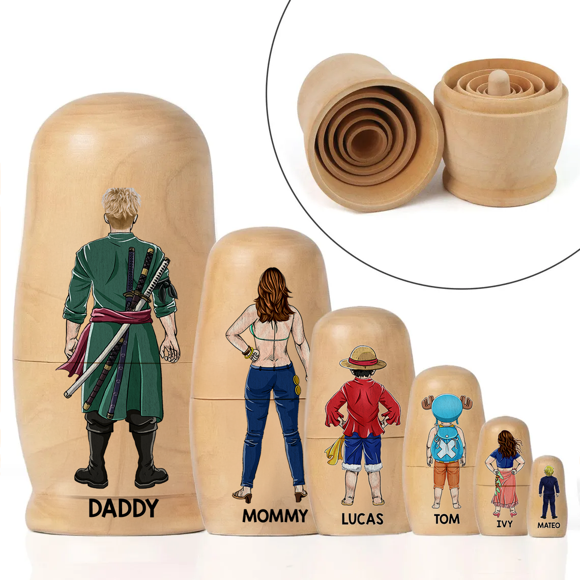 "Celebrate Family Bonds with Custom Designs" - Adventure Family Wooden Nesting Dolls - Personalized Gifts for Mom and Grandma Wooden Nesting Dolls PopCulturePrints