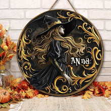 Load image into Gallery viewer, Personalized Halloween Witch Round Wood Sign - Custom Home Decor
