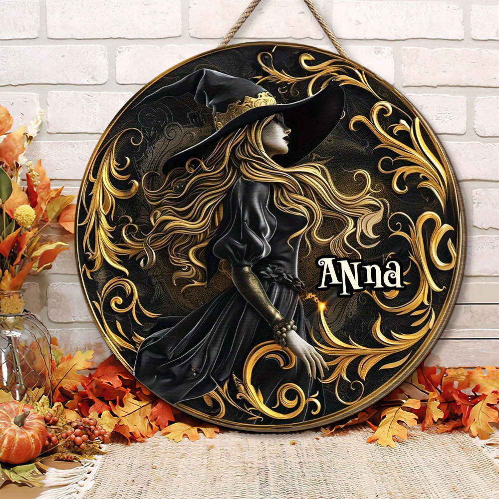 Personalized Halloween Witch Round Wood Sign - Custom Home Decor