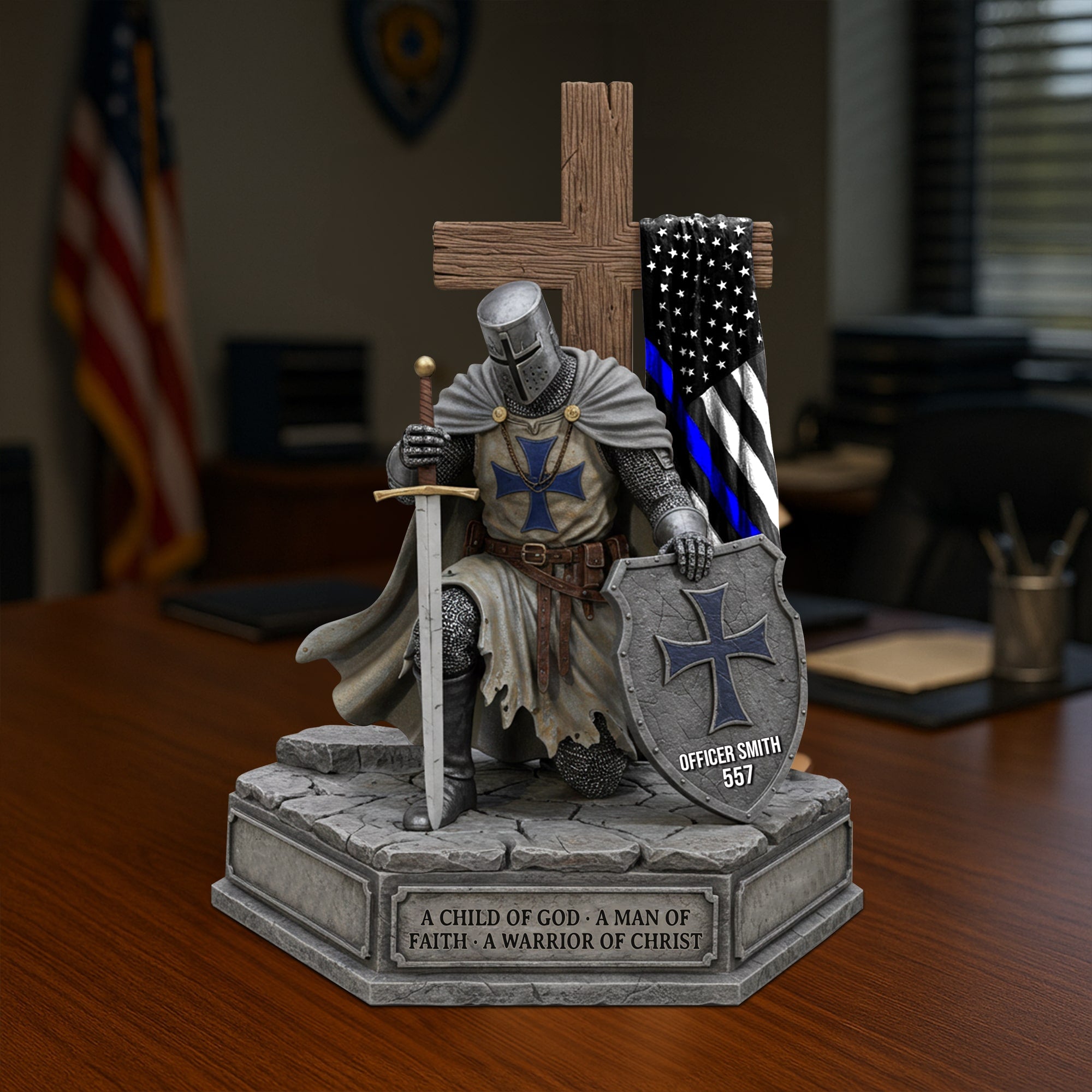 A Child of God - A Man of Faith - A Warrior of Christ | Knight Templar Kneeling Under God Plaque | Personalized Gifts for Police Officers Shaped Plaques PopCulturePrints