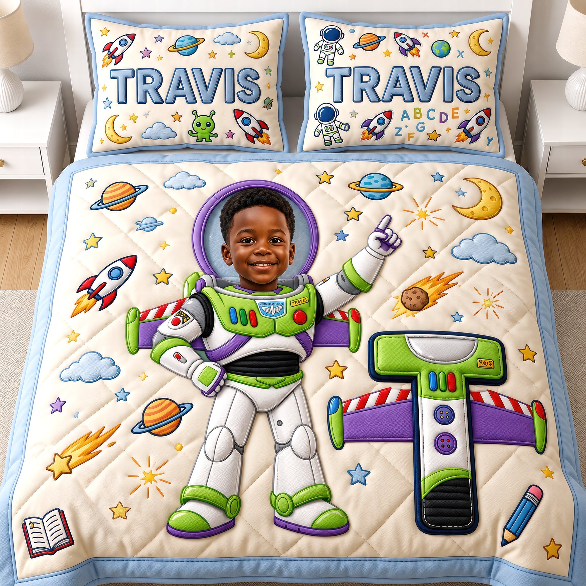 “Blast Off to Dreamland!” - Custom Photo Rocket Space Quilt Bed Set - Personalized Gift for Kids Bedding Set PopCulturePrints