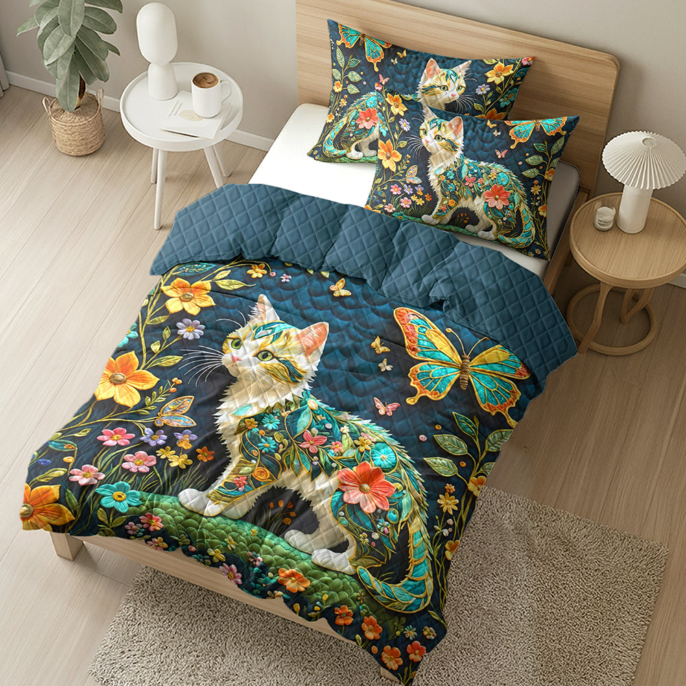 Whimsical Cat and Butterfly Quilt Bed Set - Perfect Gift for Cat Lovers Blanket PopCulturePrints