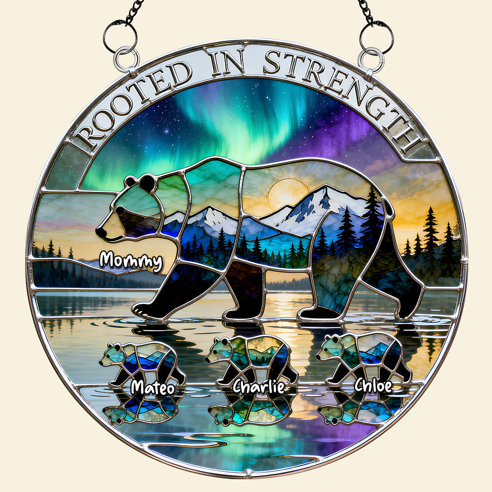 "Rooted in Strength" - Personalized Aurora Bear Mom Tribal Suncatcher - Perfect Gift for Moms, Grandmas, and More Ornament PopCulturePrints