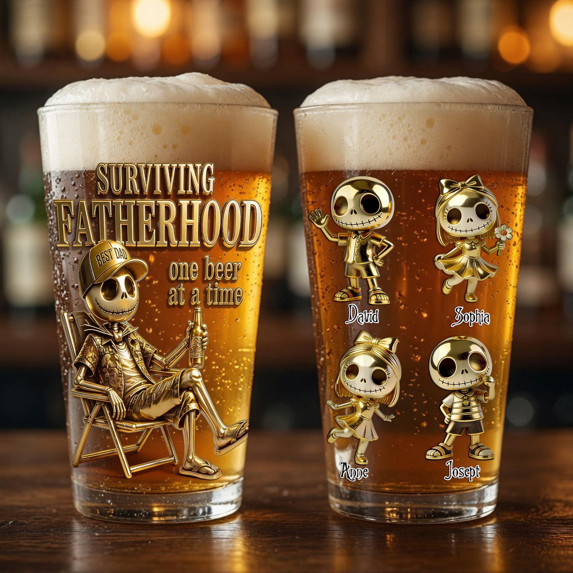 Surviving Fatherhood: One Beer at a Time - Personalized Spooky Dad and Kids Beer Glass Beer Glasses PopCulturePrints