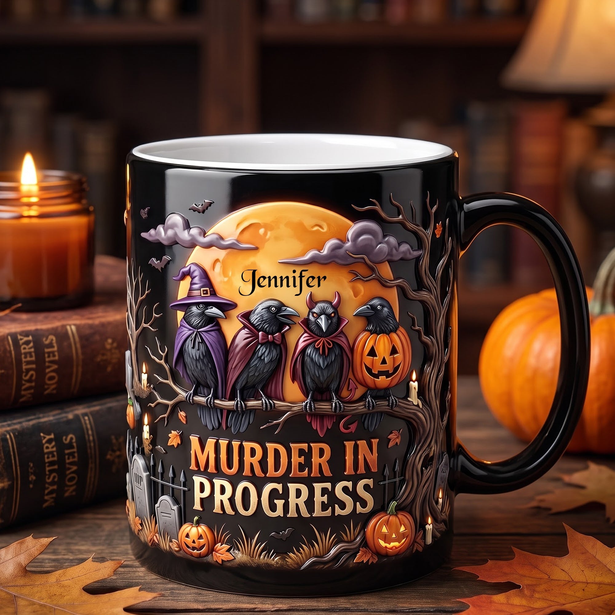Murder in Progress Raven Halloween Magic Mug - Personalized Gift for Halloween Lovers