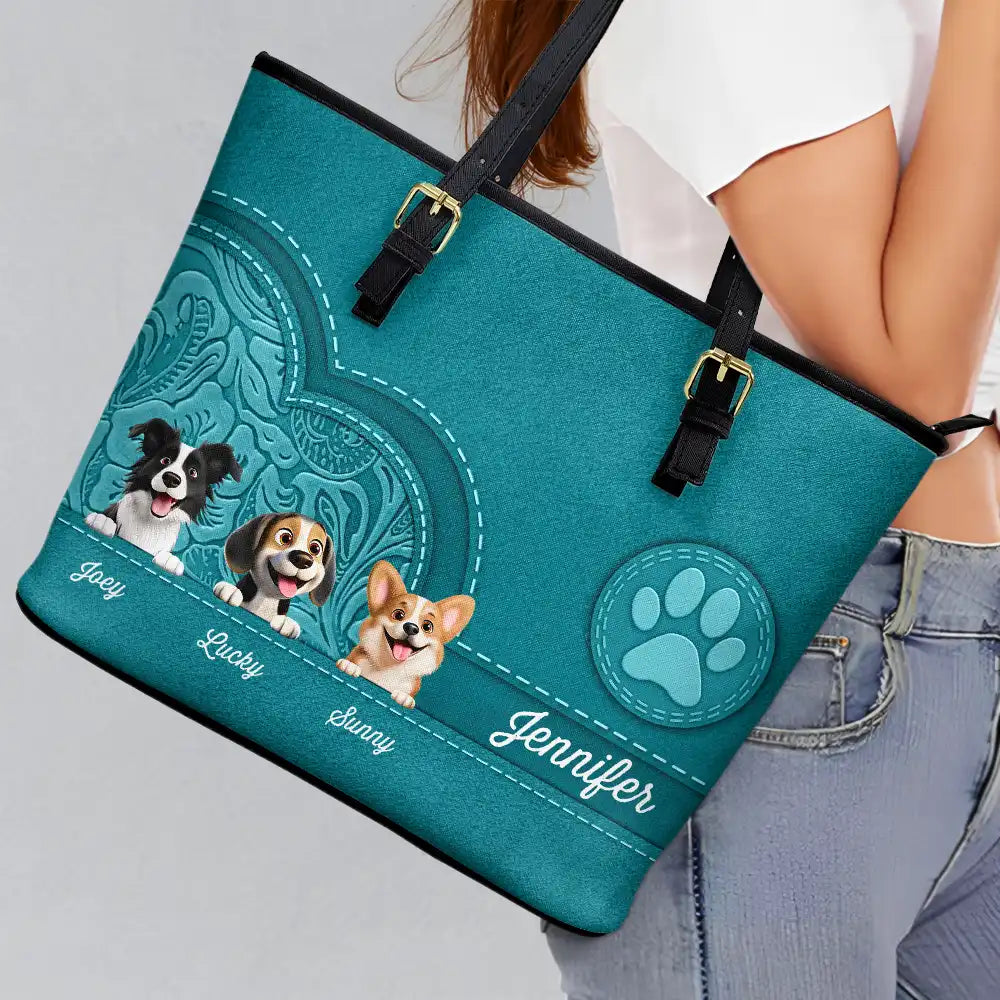 “For the Love of Dogs!” - Personalized Leather Tote Bag for Dog Moms, Perfect Gift for Any Occasion Leather Tote Bag PopCulturePrints