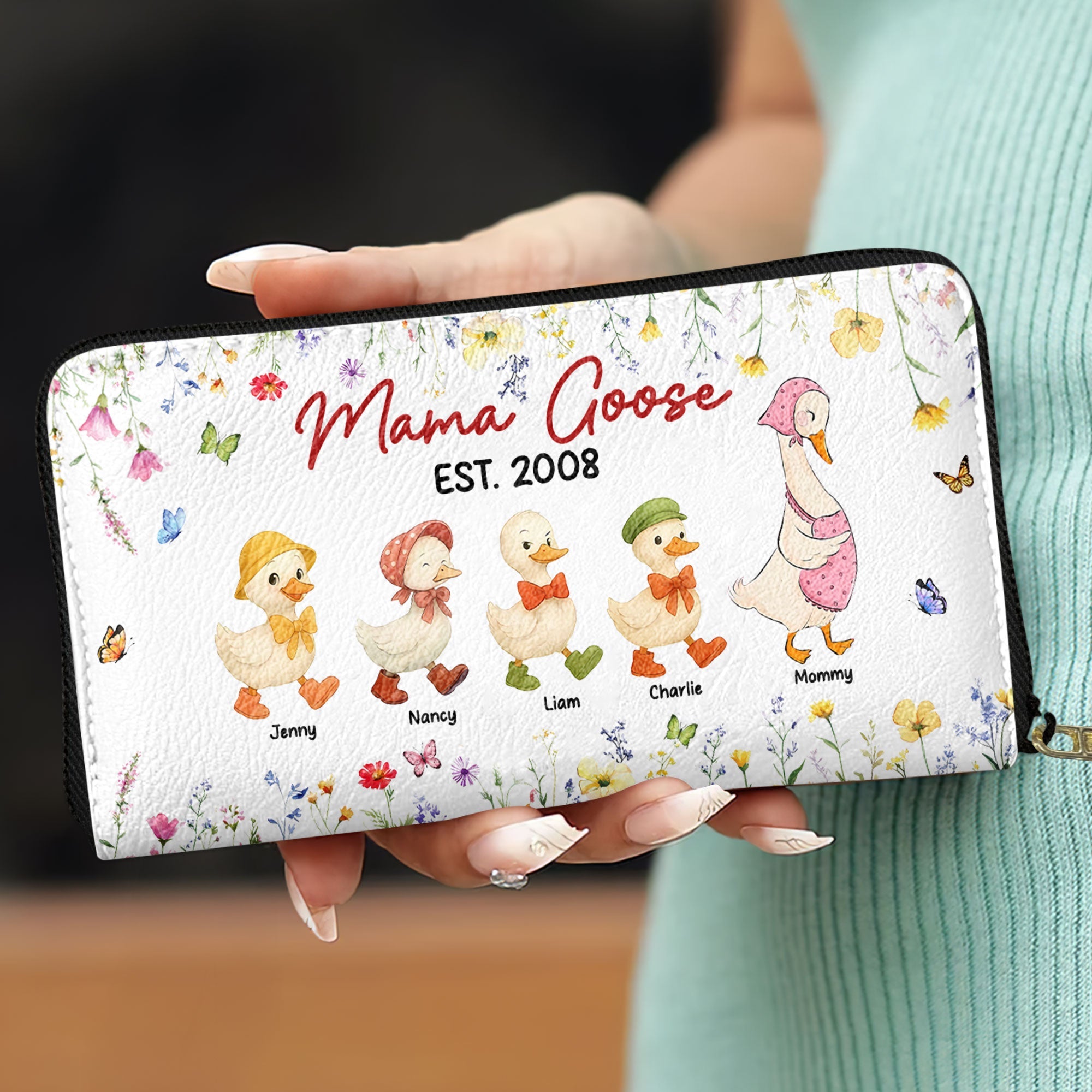 “Celebrate Family Love with Mama Goose” - Personalized Twill Faux Leather Wallet, Gift for Mom, Grandma, and Family Leather Wallet PopCulturePrints