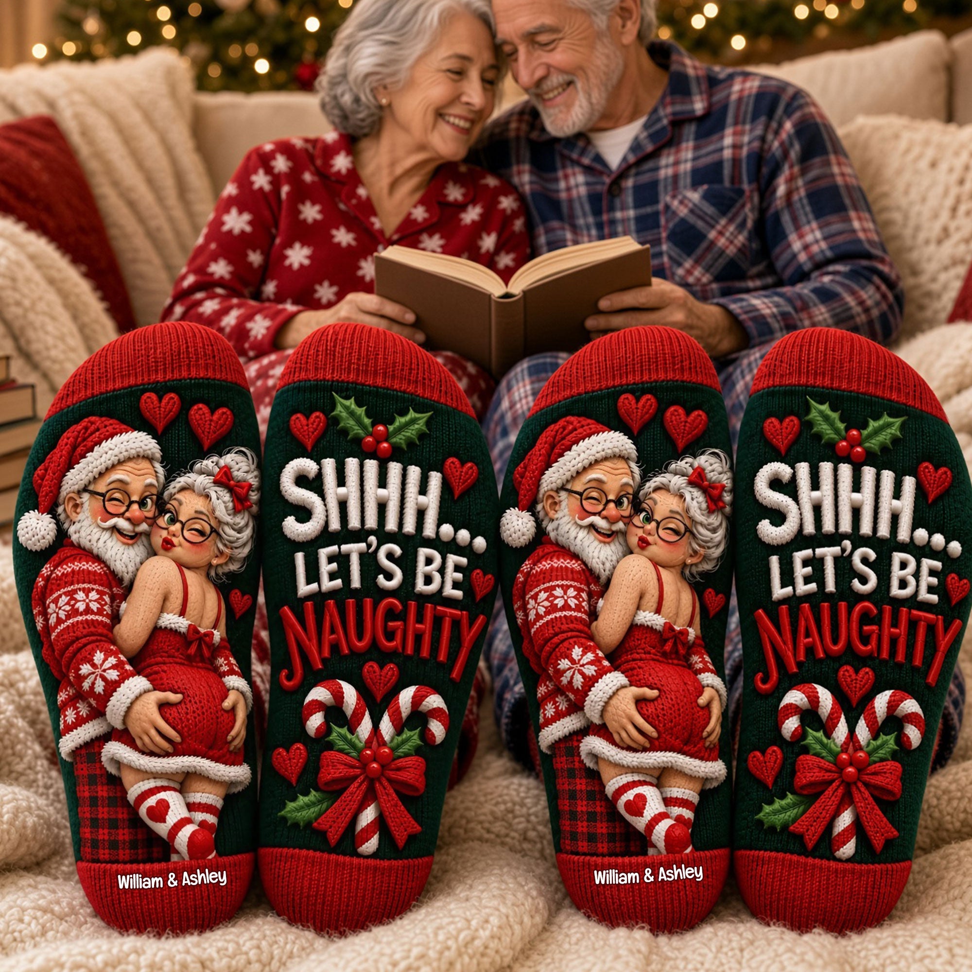 “Shhh... Let's Be Naughty” - Personalized Old Naughty Santa Couples Middle Tube Socks - Perfect Christmas Gifts for Couples!
