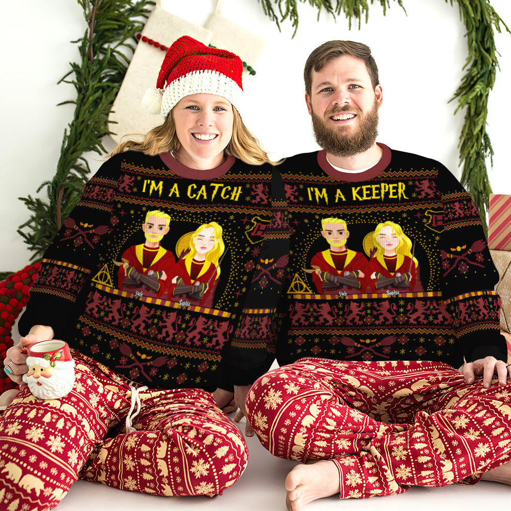 Personalized Couple Ugly Sweater - I'm a Catch, I'm a Keeper