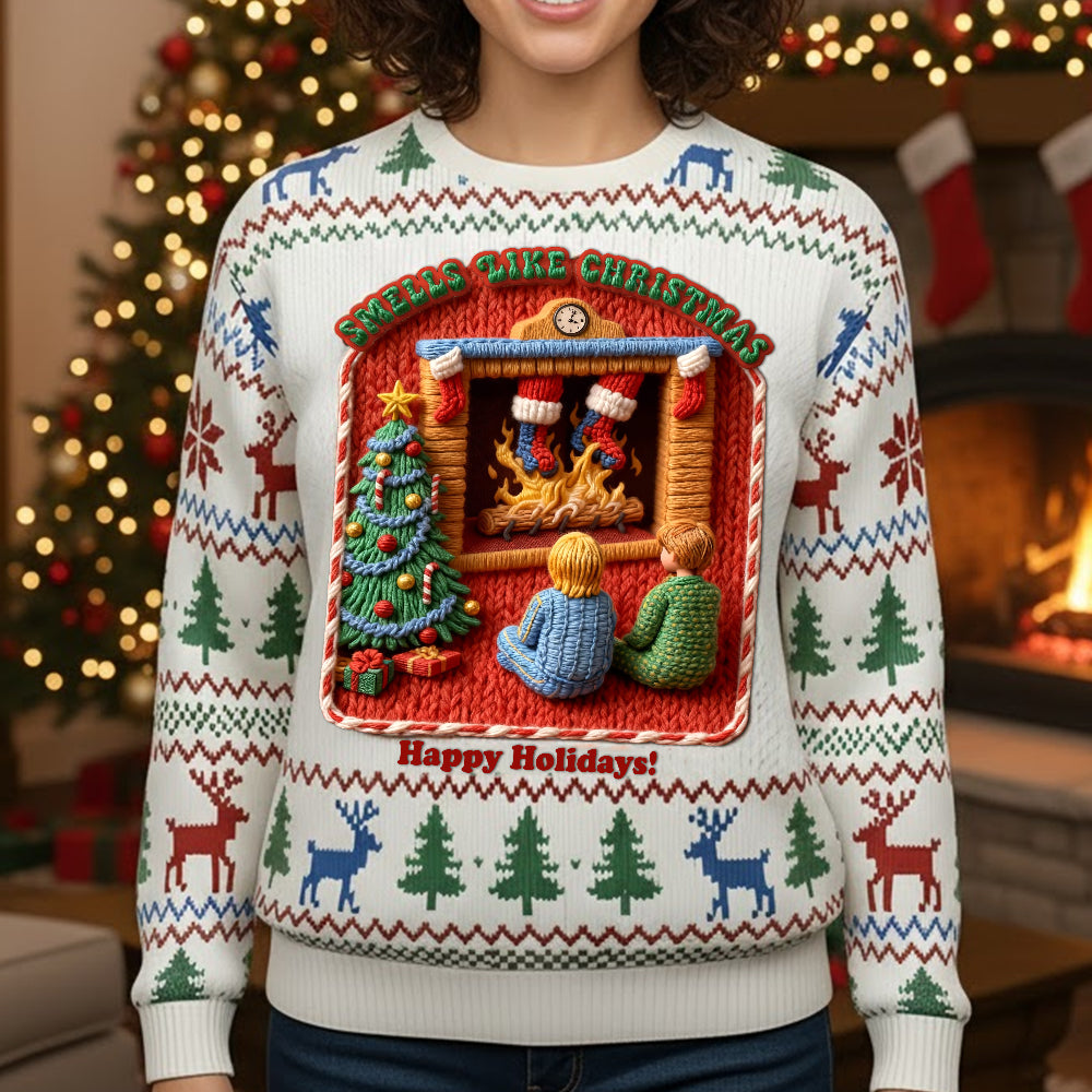 "Smells Like Christmas!" - Creepy Fun Waiting Santa In Chimney Ugly Sweater - Personalized Gifts for Family and Friends AOP Products PopCulturePrints