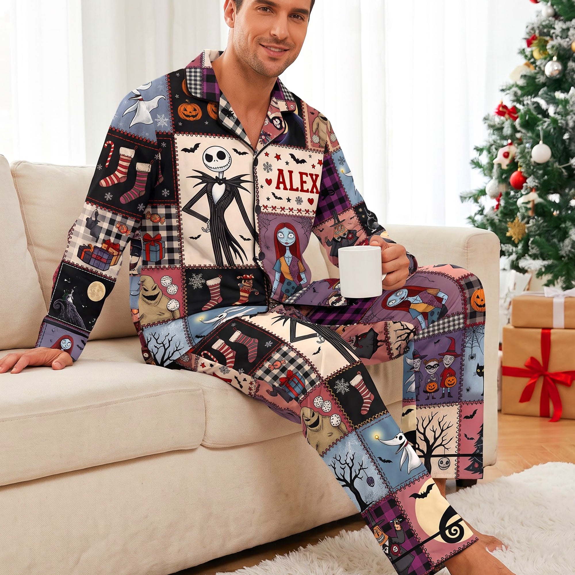 “Cuddle Up in Style!” - Mischievous Night Button Up Pajama Set - Personalized Gift for Couples