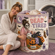 Load image into Gallery viewer, “Dead Tired of Laundry” - Spooky Skeleton Quilted Laundry Basket - Personalized Halloween Gift
