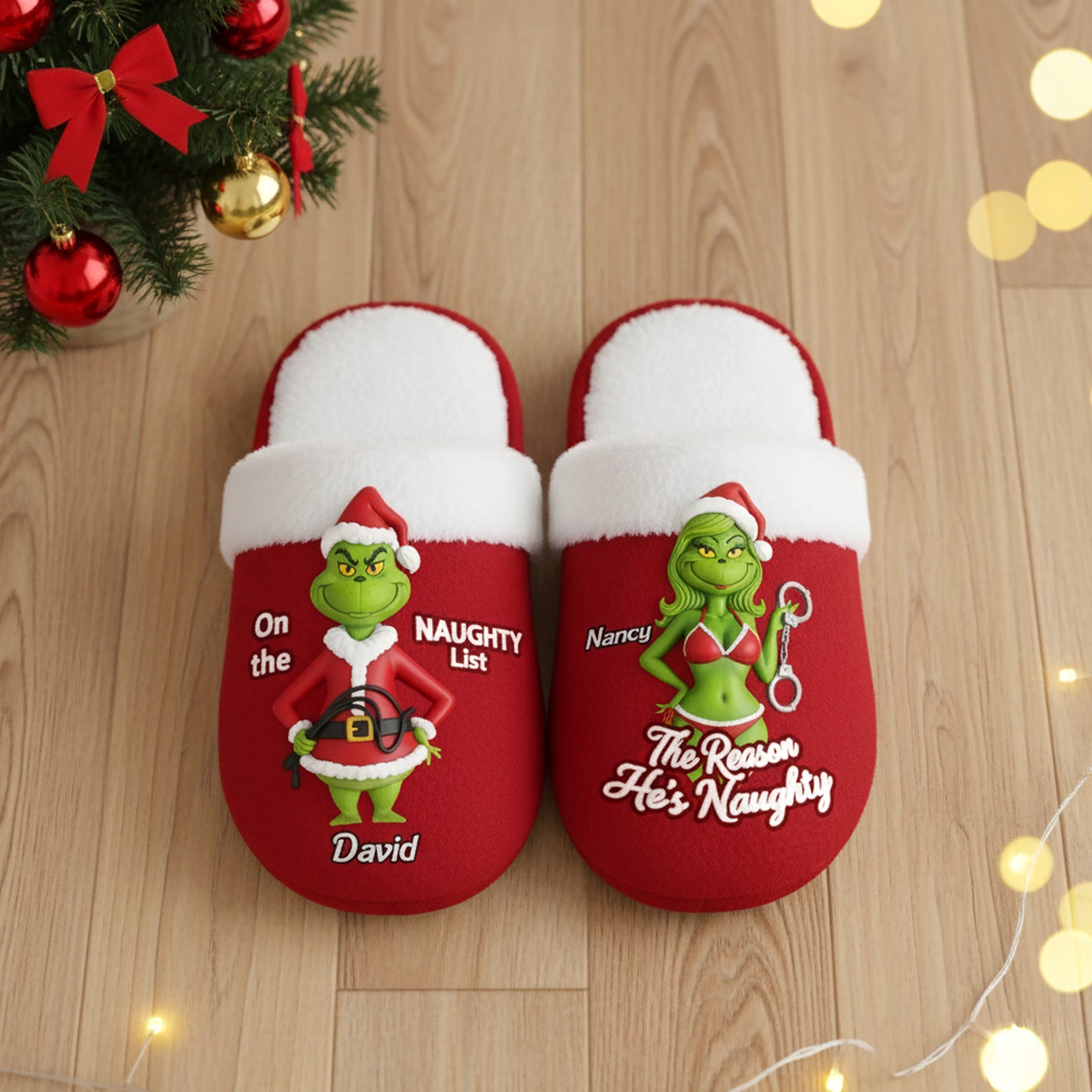 “On the Naughty List” - Personalized Christmas Gifts for Couples Home Slippers - Unique Custom Gift for Him and Her Shoes PopCulturePrints