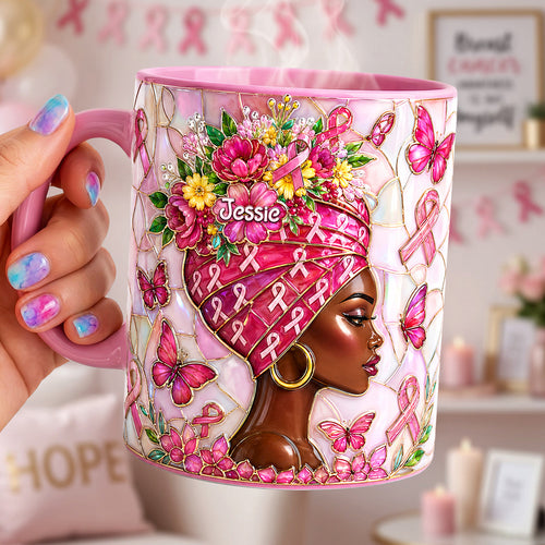 Embrace Strength: Personalized Cancer Fighter Girly Accent Mug - A Thoughtful Gift for Breast Cancer Warriors Coffee Mug PopCulturePrints