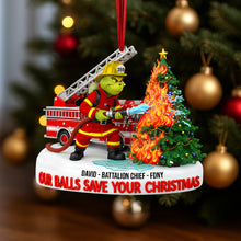 Load image into Gallery viewer, Merry Grinchmas: Personalized Firefighter Acrylic Ornament - A Unique Gift for Firefighters, Grinch Fans, and Christmas Lovers Ornament PopCulturePrints
