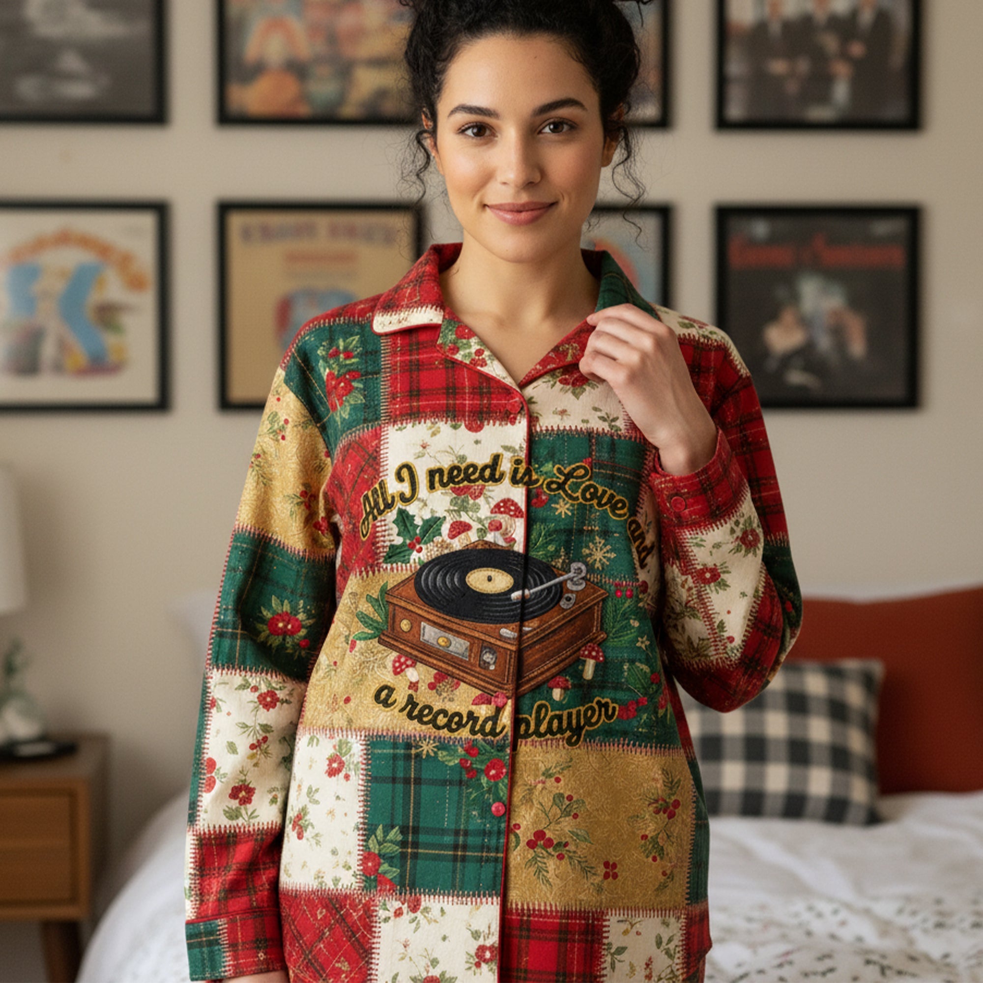 All I Need is Love - Vinyl Records Lovers Button Up Pajama Set - Personalized Christmas Gift Pajama Set PopCulturePrints