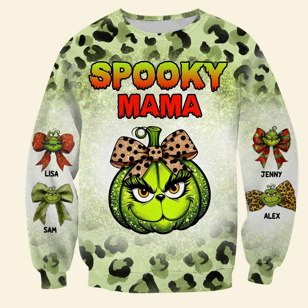 Personalized Halloween Leopard Pumpkin Sweatshirt for Mama - Spooky Green Design