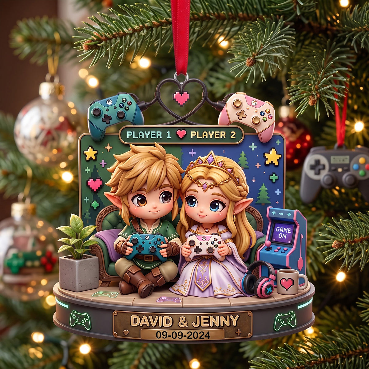 Player 1 & Player 2 Christmas Tree Ornament - Personalized Gift for Gamers