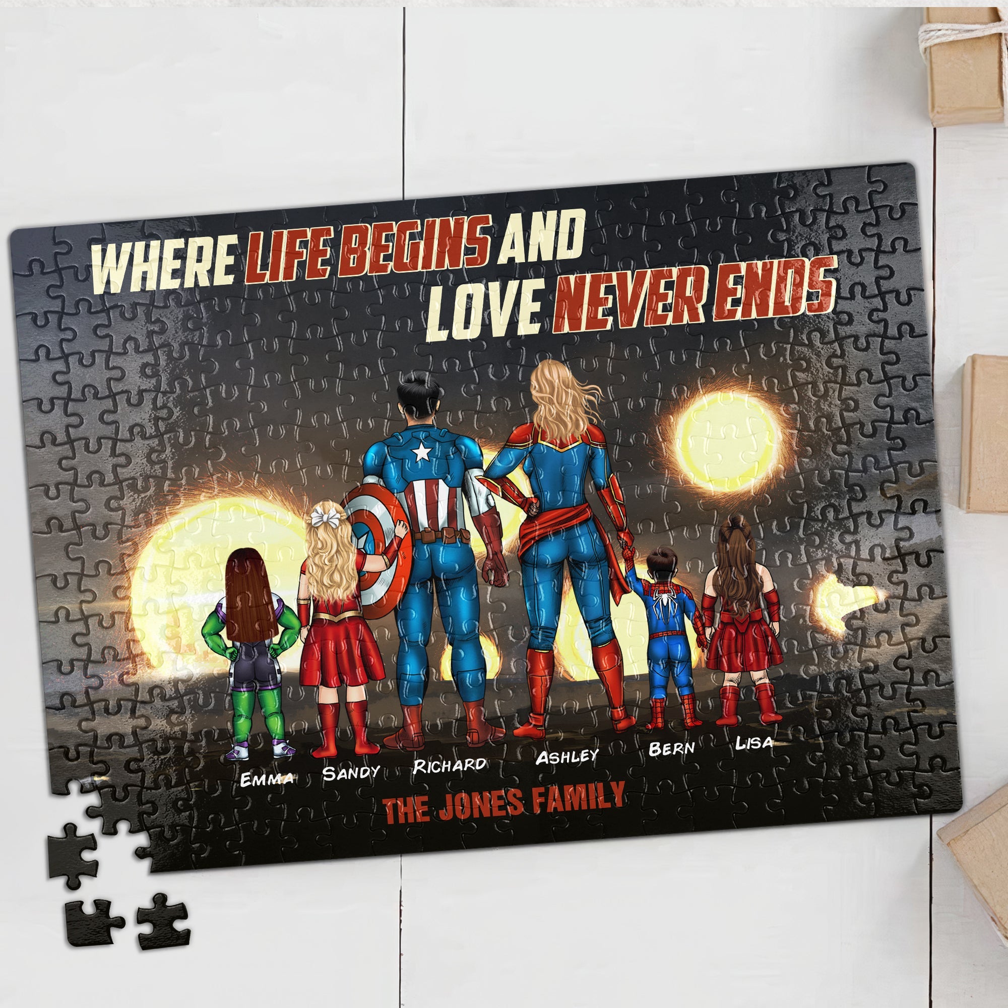 Superhero Family Personalized Jigsaw Puzzle - Where Life Begins & Love Never Ends