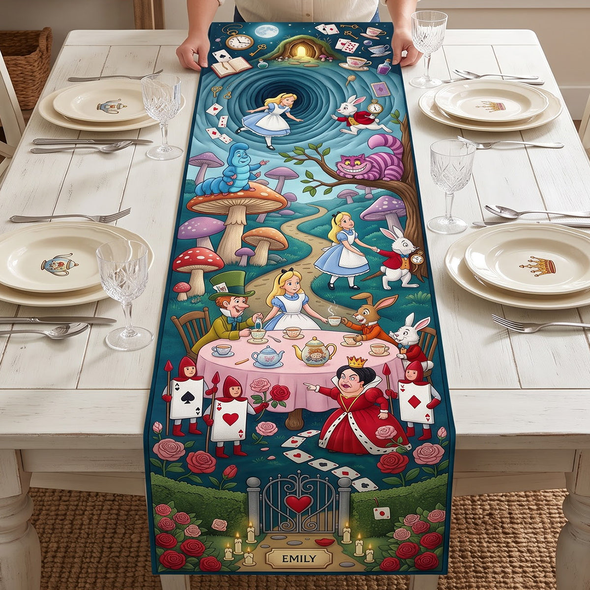 "Step into a Whimsical Wonderland with Our Fairy Tale Tea Party Table Runner" - Personalized Quilted Runner for Magical Occasions