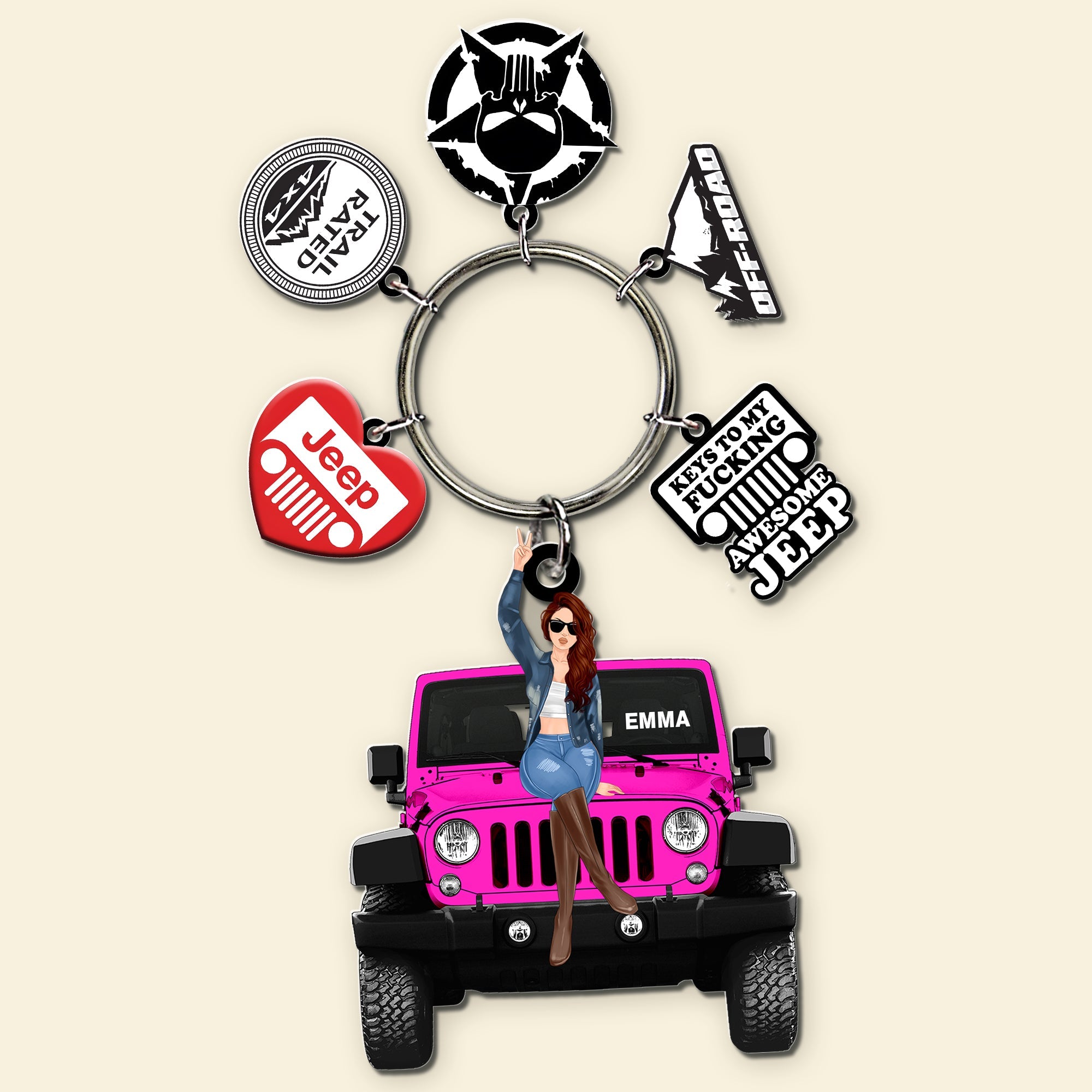 Personalized Jeep Lover Keychain with Custom Name and Iconic Charms