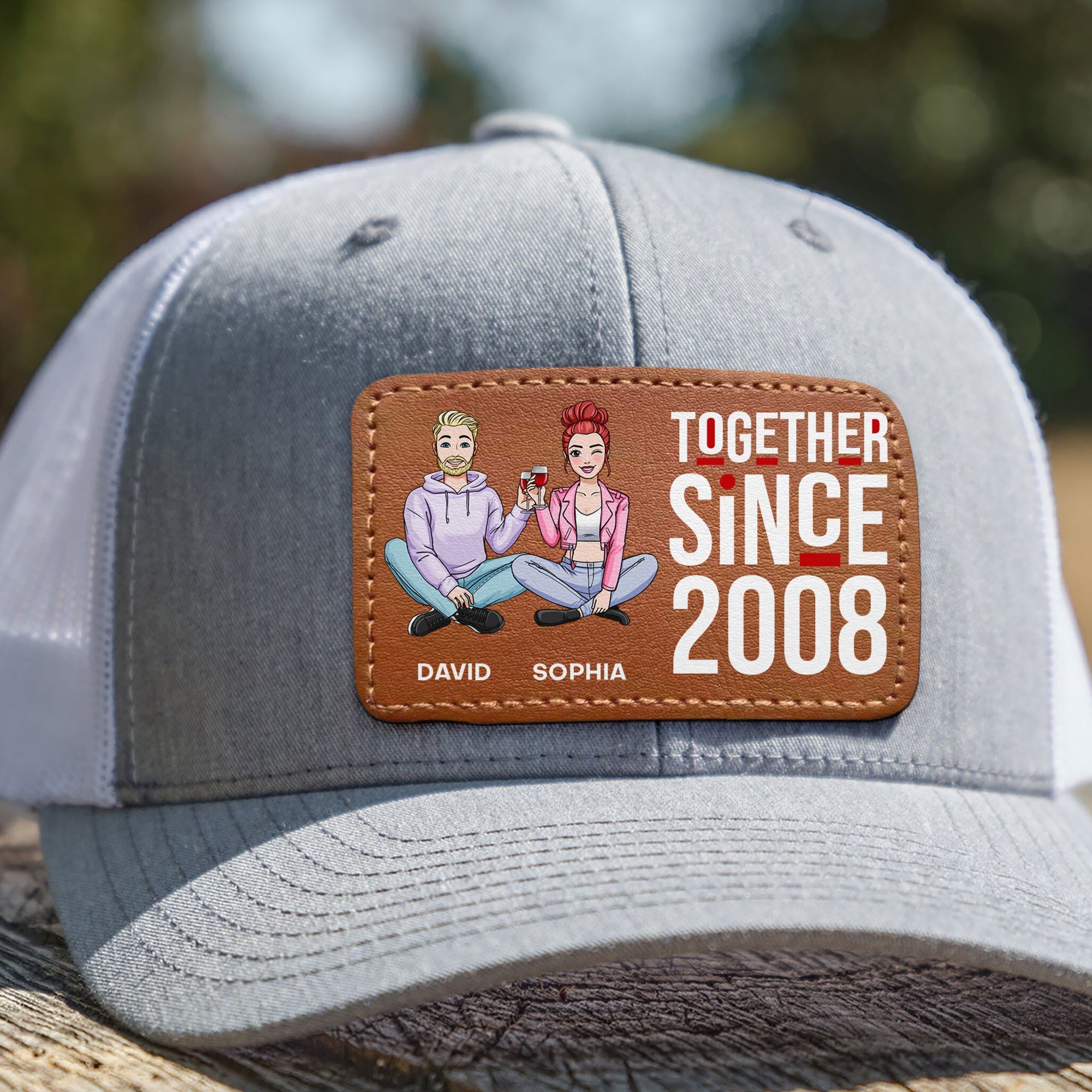 Personalized Leather Patch Hat for Couples - Together Since 2008 Caps PopCulturePrints