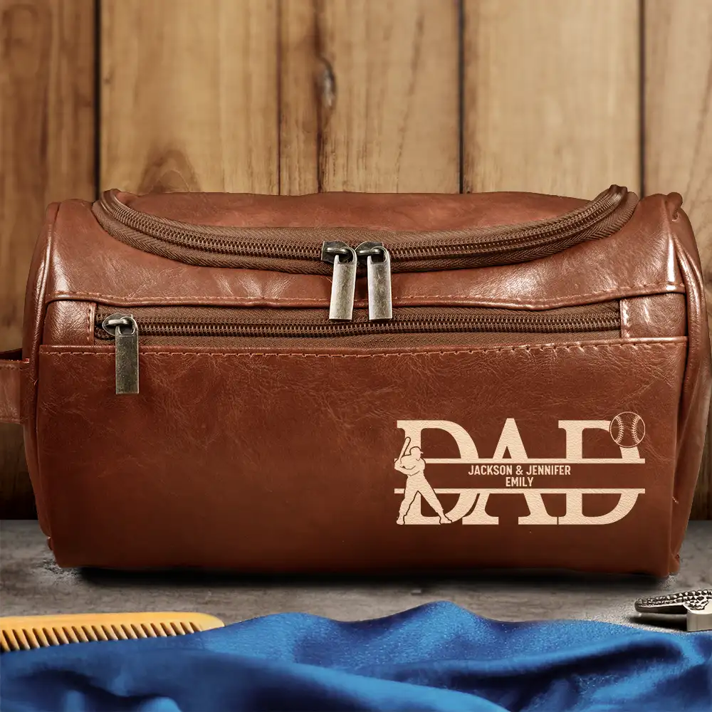 Dad, We Love You - Personalized Leather Toiletry Bag with Kids' Names Leather Toiletry Bag PopCulturePrints