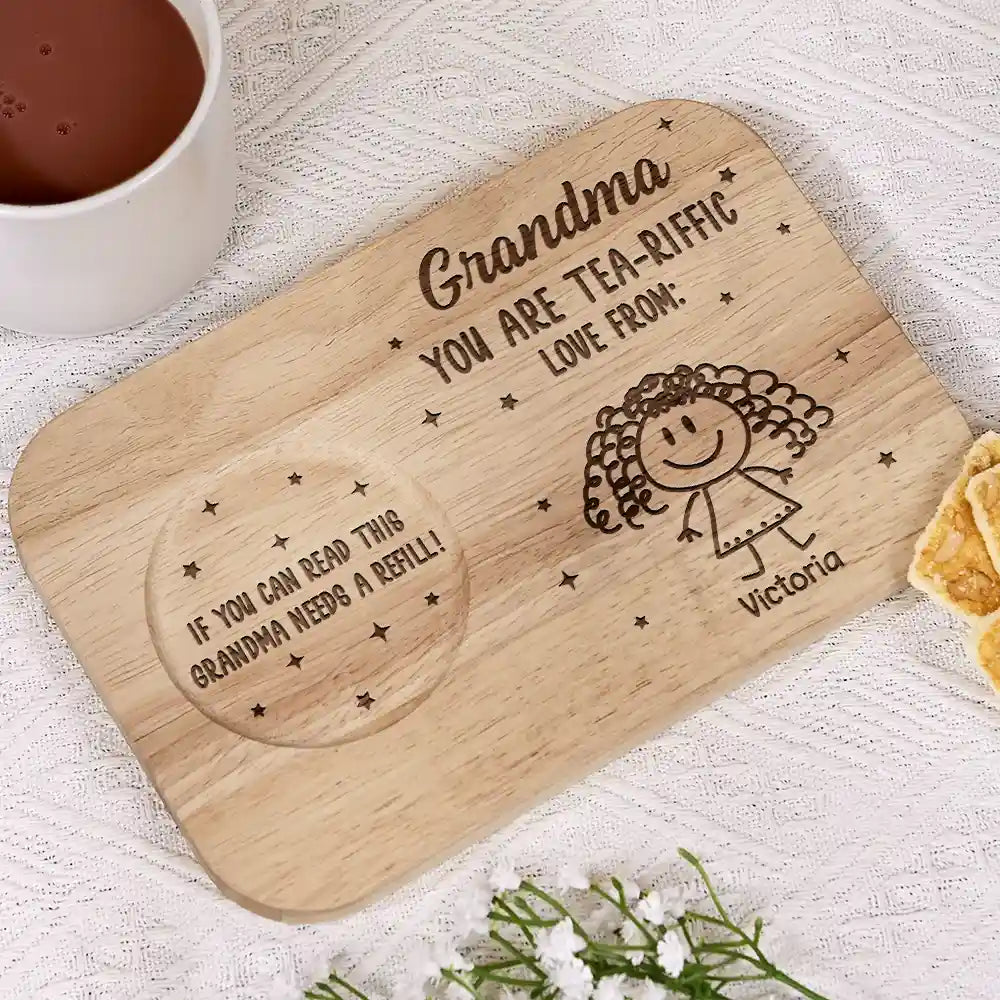 Grandma You Are Tea-Riffic - Personalized Serving Board with Cup Holder - a Unique Gift for Grandma Serving Board With Cup Holder PopCulturePrints