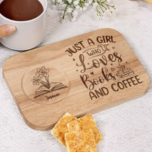 Load image into Gallery viewer, Just A Girl Who Loves Books And Coffee - Personalized Serving Board With Cup Holder Serving Board With Cup Holder PopCulturePrints
