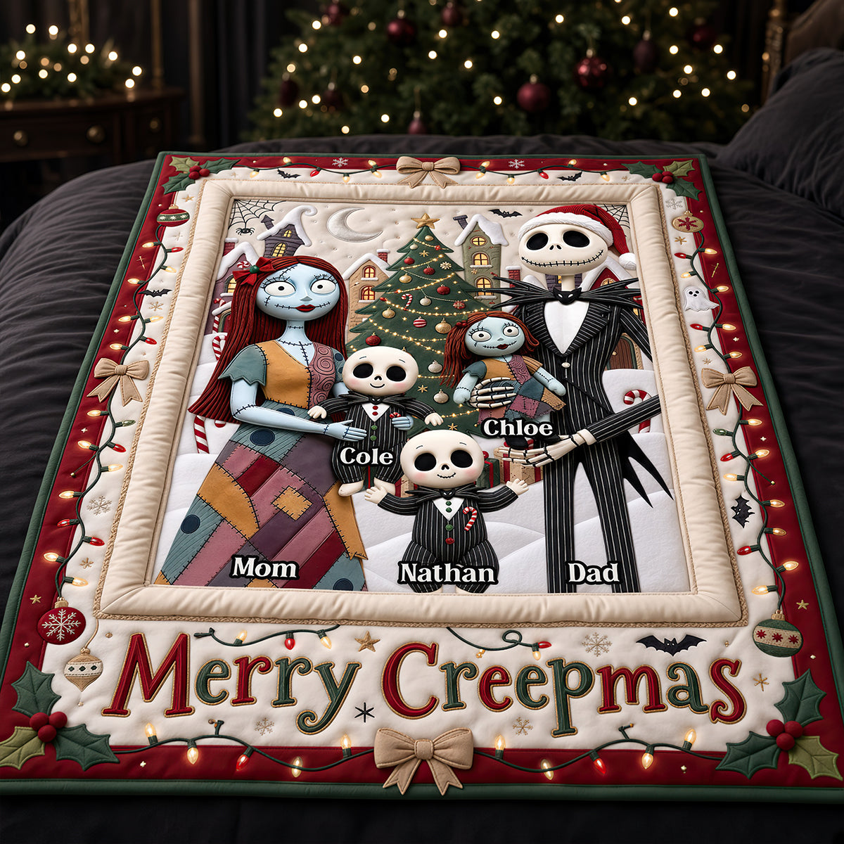 “Merry Creepmass” - Spooky Family Merry Xmas Blanket - Custom Personalized Christmas Gift for Family