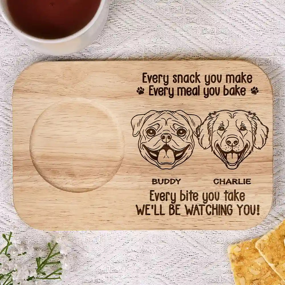 Every Bite You Take We'll Be Watching You - Personalized Serving Board with Cup Holder - Perfect Gift for Dog Lovers Serving Board With Cup Holder PopCulturePrints