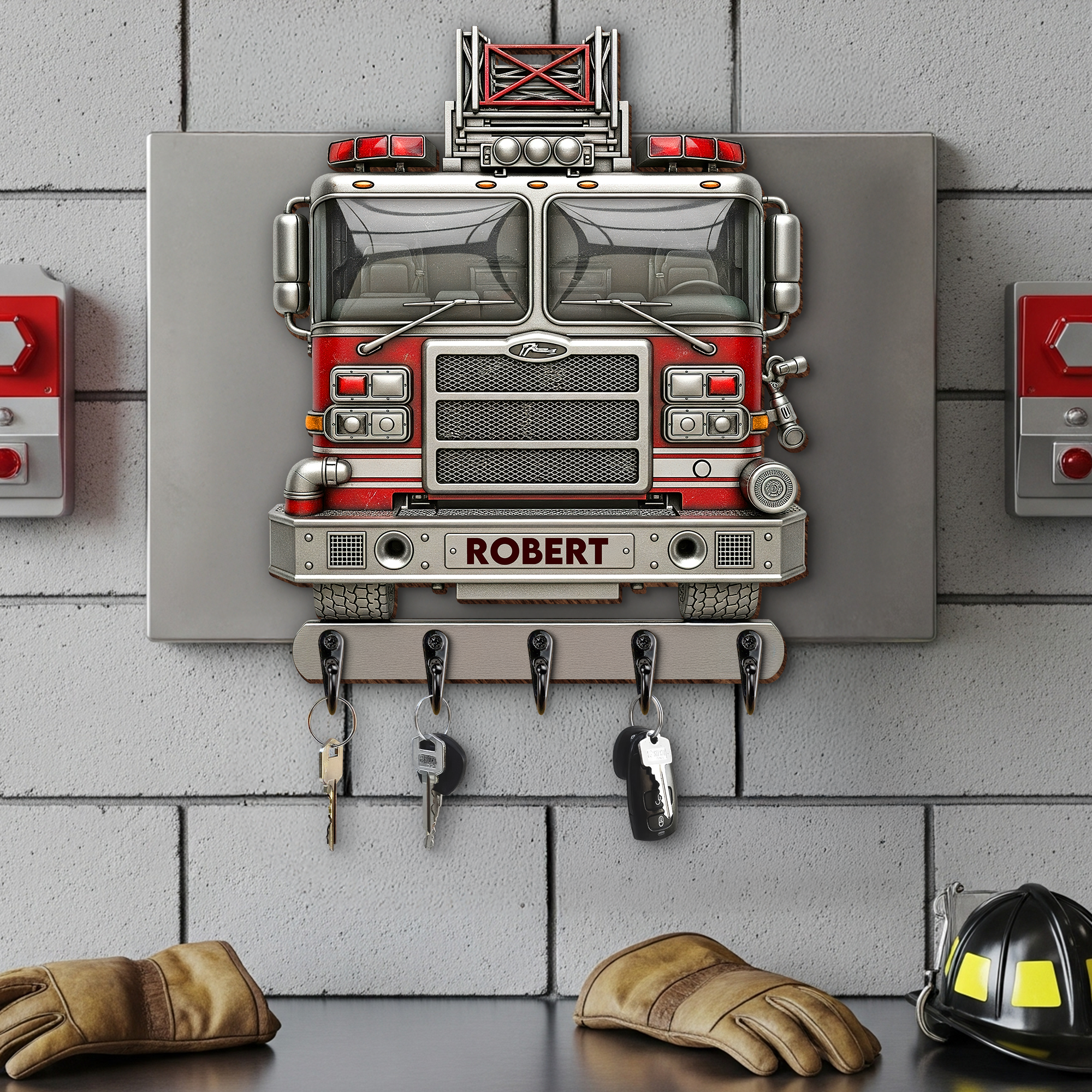 🚒 'Bringing Memories Home' - Rustic Firetruck Wood Key Hanger - Personalized Gift for Firefighters and Heroes Wood Sign PopCulturePrints