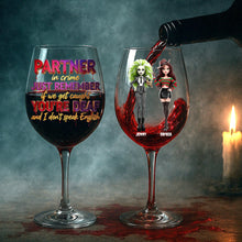 Load image into Gallery viewer, “Partners in Crime for Halloween!” - Spooky Dolls Personalized Wine Glass - Custom Gift for Besties and Drinking Lovers Wine Glass PopCulturePrints
