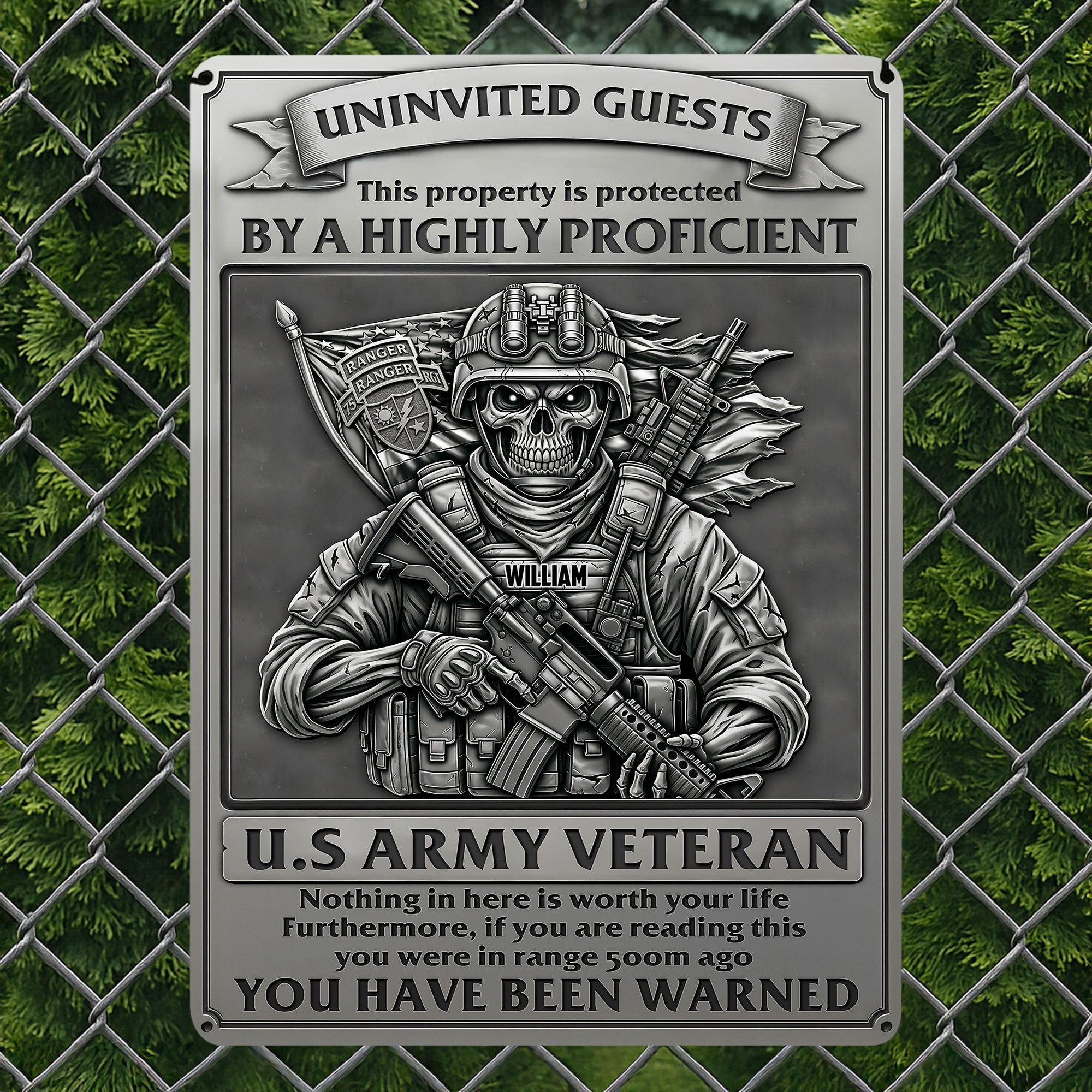 “Protected by a Highly Proficient Veteran” - Personalized Deadly Danger Metal Sign - Custom Gift for Veterans Metal Signs PopCulturePrints