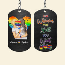 Load image into Gallery viewer, Personalized LGBT Couple Kiss Keychain - &#39;Kiss Whoever The Hell You Want&#39; Keychains PopCulturePrints
