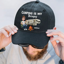 Load image into Gallery viewer, Camp Hair Don&#39;t Care - Personalized Vintage Washed Denim Cap Vintage Washed Denim Cap PopCulturePrints
