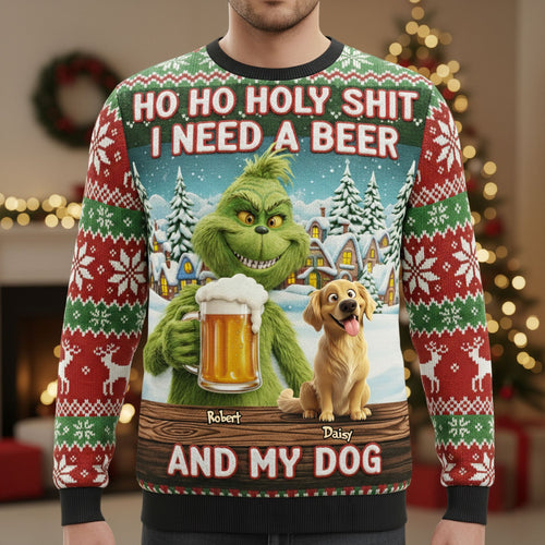 Ho Ho Holy Shit, I Need A Beer – Personalized Dog Lover Ugly Sweater for Christmas AOP Products PopCulturePrints