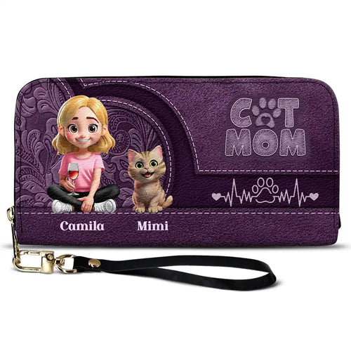 “For the Love of Cats” - Cat Mom 3D Effect Personalized Leather Long Wallet - Gift for Moms and Grandmothers Leather Long Wallet PopCulturePrints
