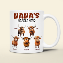 Load image into Gallery viewer, Personalized Mama&#39;s Hassle Herd Coffee Mug - Funny Highland Cow Gift Coffee Mug PopCulturePrints
