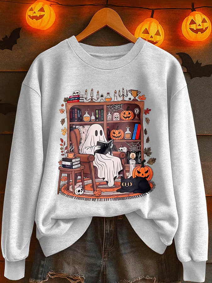 "Read Between the Spooks: Cozy Ghost in Library Tee" - Personalized Gift for Book Lovers & Halloween Enthusiasts Shirts PopCulturePrints