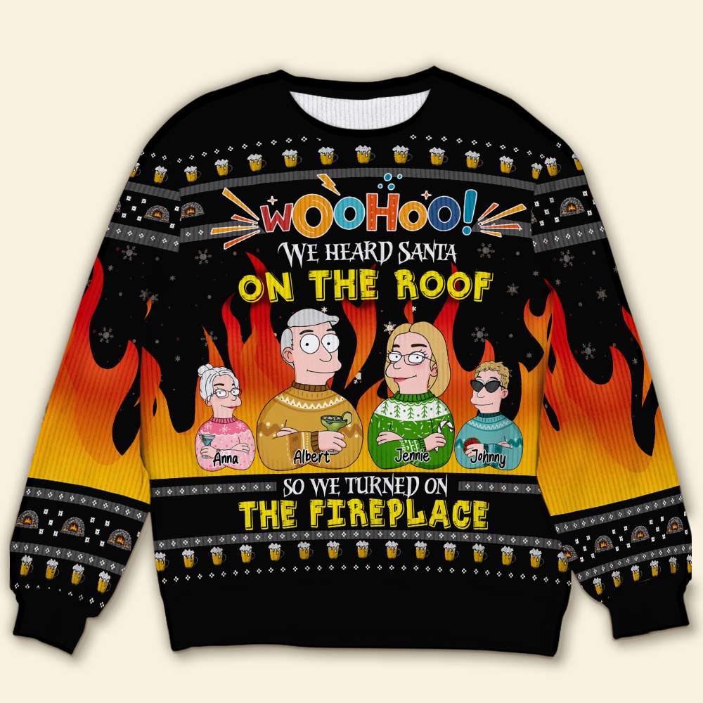 Personalized Family Christmas Ugly Sweater - Cartoon Fireplace Design