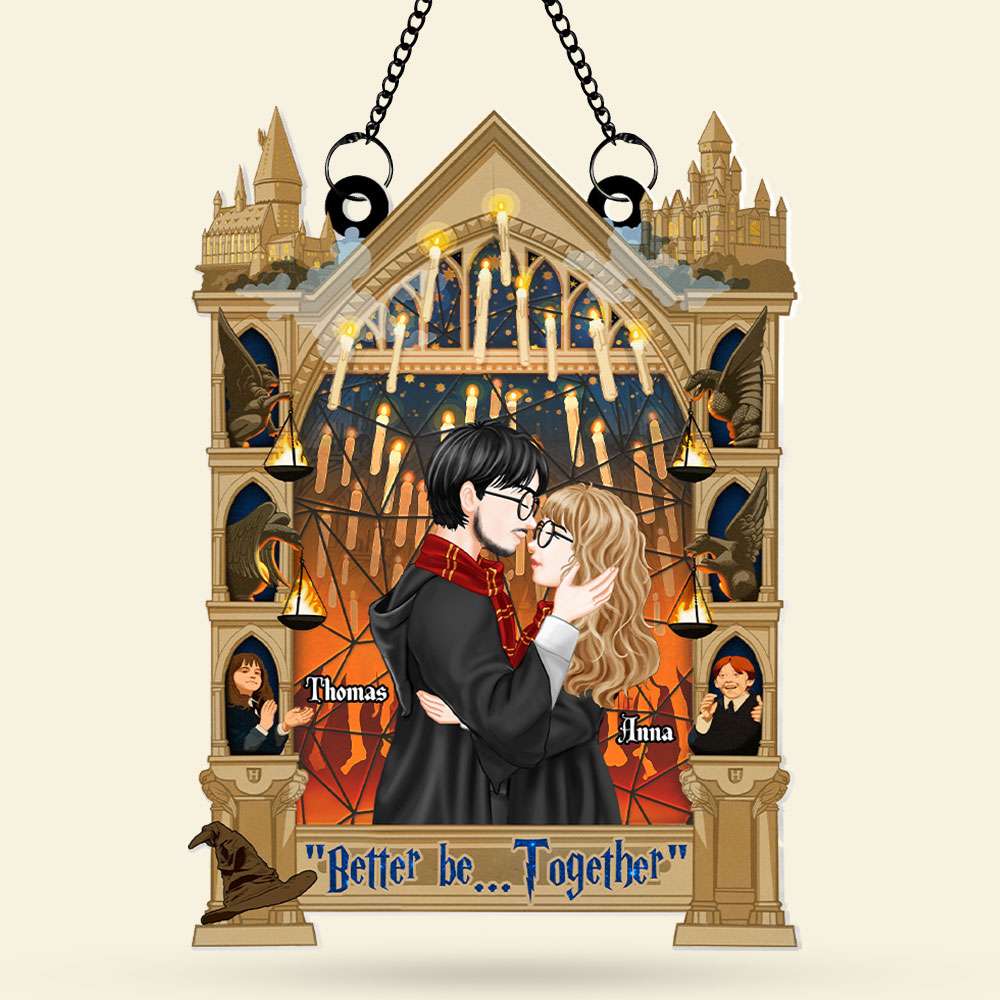 Customizable Wizard Couple Suncatcher Ornament - Enchanting Love