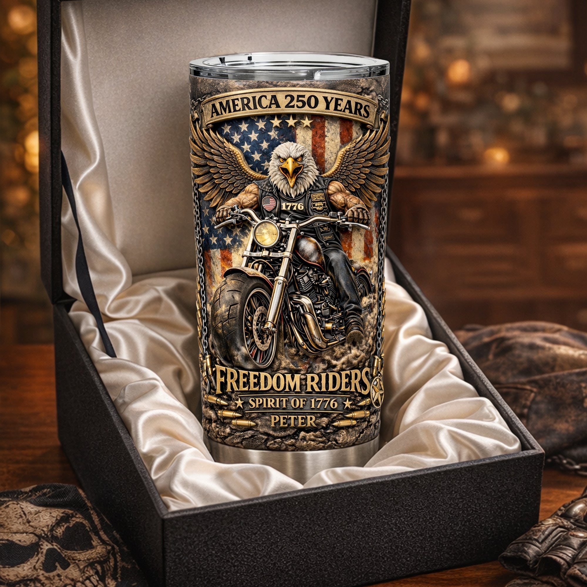 "Embrace the Spirit of Adventure - Freedom Riders 250th Anniversary Tumbler - Personalized Gift for Bikers" Tumbler Cup PopCulturePrints