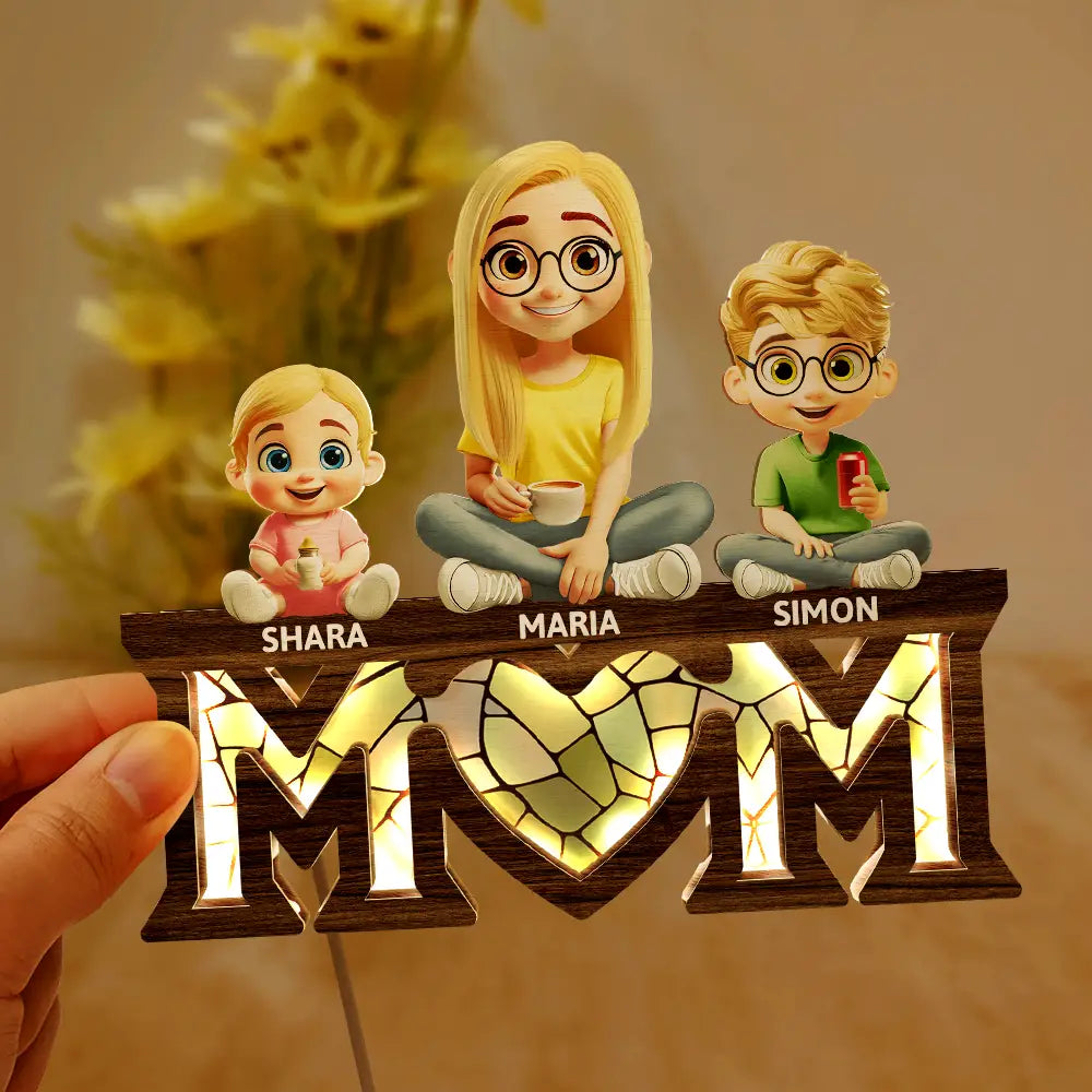 We Love You Mom 3D Cartoon - Personalized LED Light Wooden Plaque LED Light Wooden Plaque PopCulturePrints