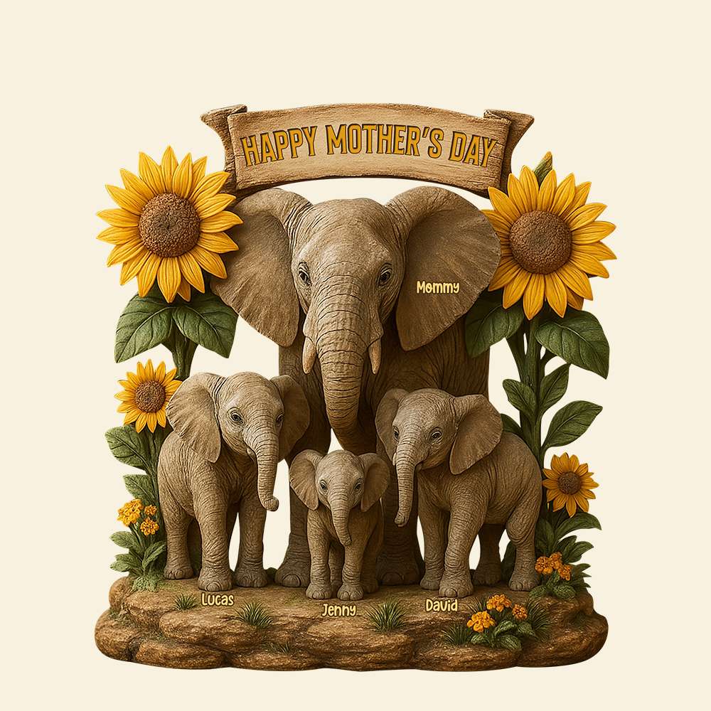 Happy Mother's Day - Personalized Elephant Family Plaque - Unique Gift for Mom & Grandma Shaped Plaques PopCulturePrints