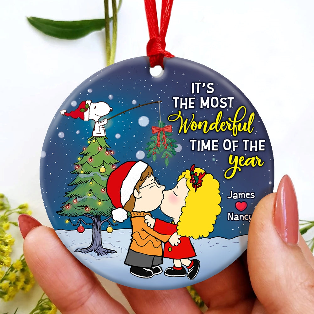 Personalized Cartoon Couple Kissing Under The Mistletoe Christmas Ornament