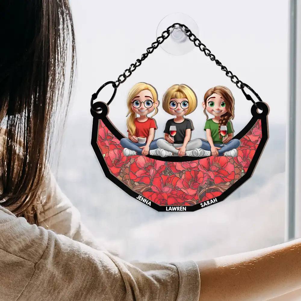 Bestie Sister Sitting On The Moon - Personalized Window Hanging Suncatcher Ornament Suncatcher Ornament PopCulturePrints